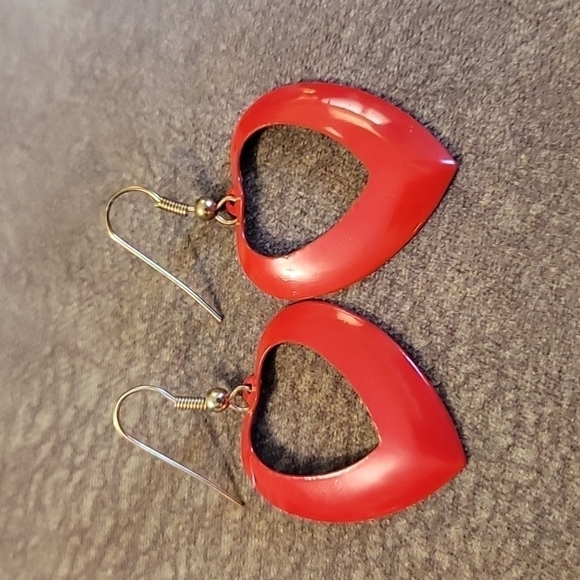 3/$20 Red Metal Creole Cut-out Heart Dangle Earrings - Picture 2 of 5